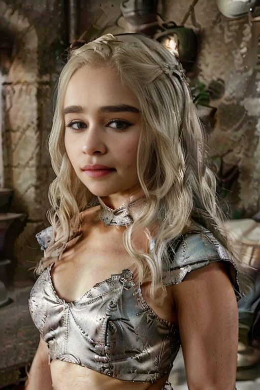 Masterpiece, best quality, detailed face, Emilia Clarke, platinum hair, sexy dress, midriff, in a room, looking at viewer, sexy smirk face