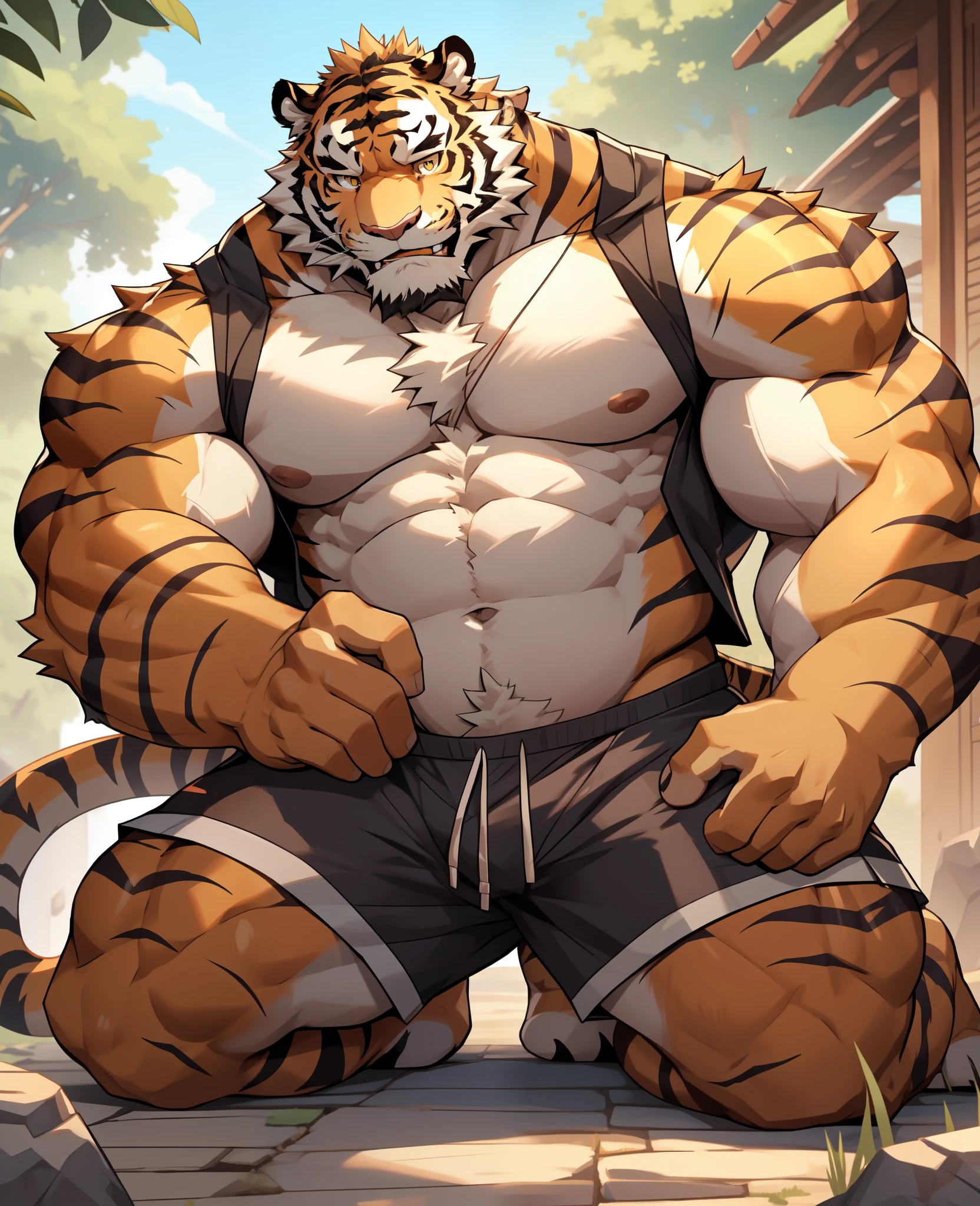 A pair of male tiger beastman father and son,Wearing animal skin shorts,Well-developed chest and abdominal muscles。Tiger orc son in fur vest and shorts,A cute little belly is faintly visible。Tiger beastman father and son kneeling on the ground