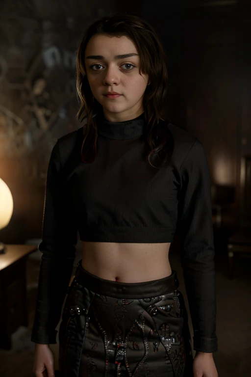 Masterpiece, best quality, detailed face, Arya Stark, sexy dress, midriff, in a room, looking at viewer, sexy smirk face