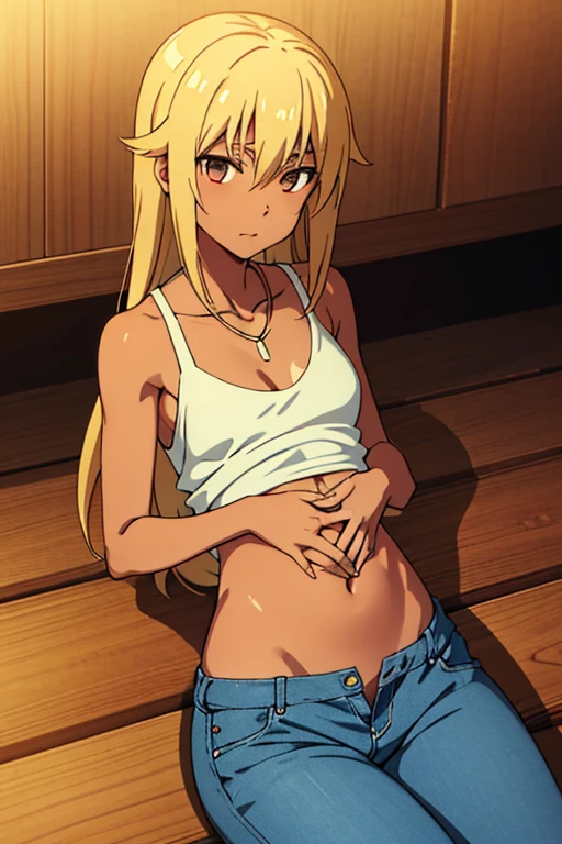 tan skinned anime woman wearing a cami top and jeans, famished in hunger, (necklace), (gently resting hands on stomach), (shiny oily skin), (lying down), (long hair), (hands on stomach)