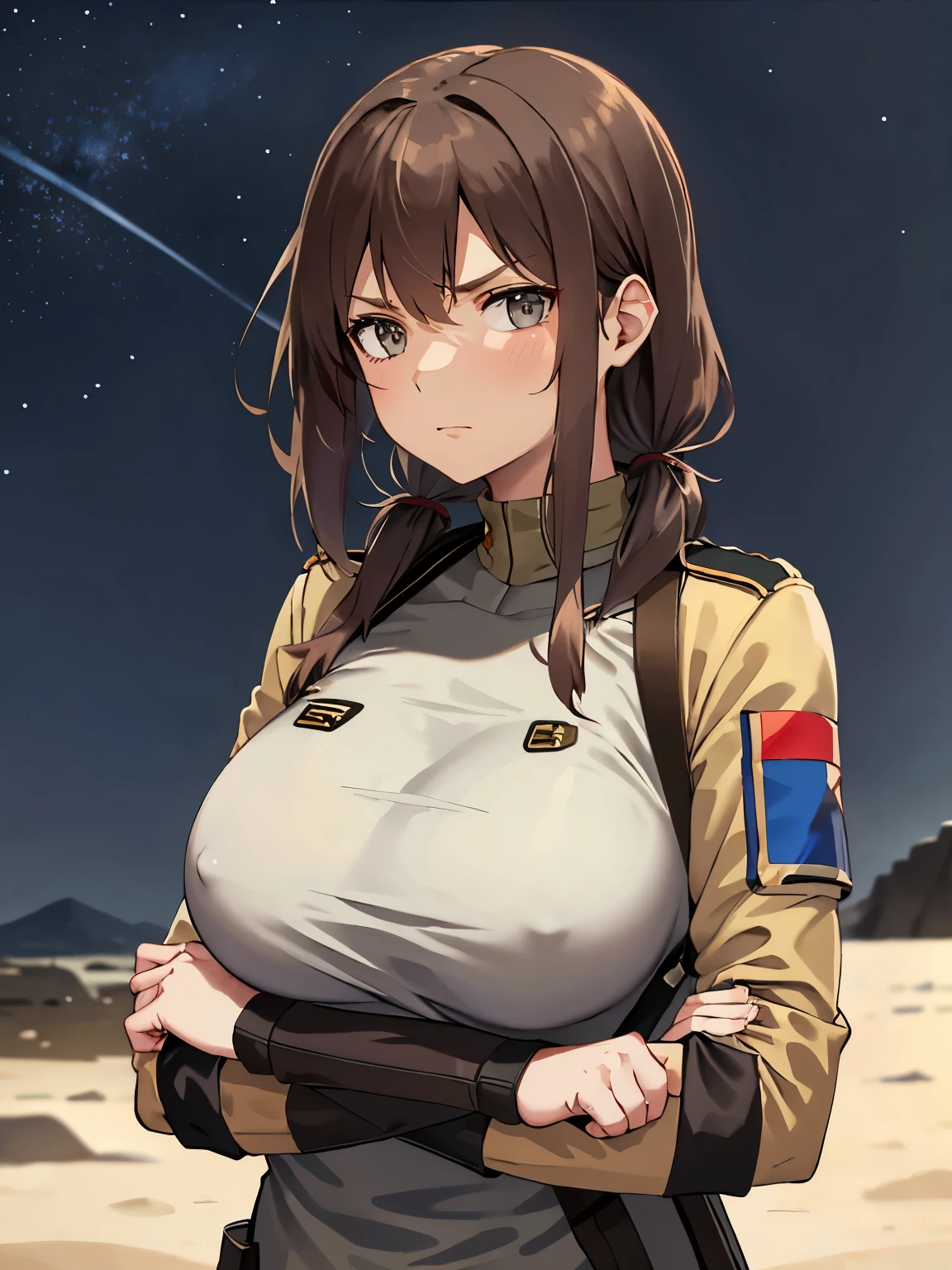 soldier girl, large breasts, no bra, nipples poking through uniform, nipples through clothes, sand colored uniform, serious face, desert setting, crossed arms, brown hair, grey eyes, at night, starry sky