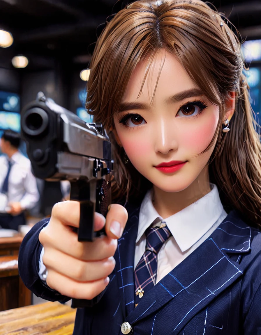 highest quality、16K high resolution、Super detailed、masterpiece、Live shooting、photorealistic:1.4、hyper realism:1.4、sharp focus、very delicate and beautiful、fine details、1 female、(Super beautiful)、(beautiful face:1.5)、(detailed face:1.5)、Are standing、(high school uniform:1.1)、navy blue jacket、white shirt、(tie)、(Checkered mini skirt:1.1)、brown hair、(dark makeup)、(rooftop of a skyscraper:1.5)、(night time:1.3)、(the wind is blowing:1.5)、(5 fingers on hand:1.2)、(He is looking intently at the barrel of the gun.:1.5)、(Thigh-up shot)、(pointing pistol)