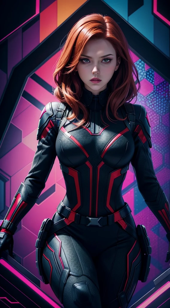 Black Widow из комиксов Marvel, Masterpiece, Best Quality, abstract, Psychedelic, Neon, (honeycomb pattern), (creative:1.3), Sy3, SMM, fantasy00d