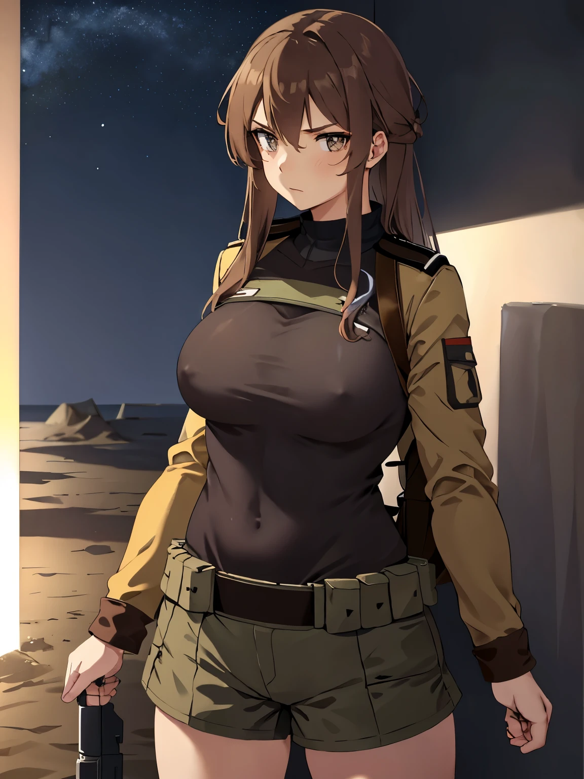 soldier girl, large breasts, no bra, nipples poking through uniform, nipples through clothes, sand colored uniform, serious face, desert setting, brown hair, grey eyes, at night, starry sky