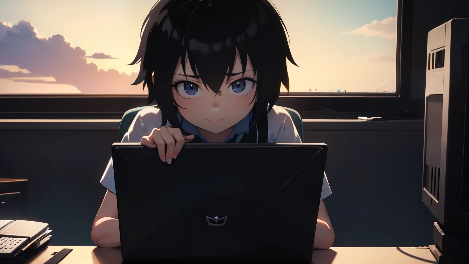 Masterpiece , peni parker,  shirt,  flat chest  , pantie , sexy , evil smile, sitting in front of a computer, cabine , sitting on computer , chair, typing on the computer keyboard, looking at the computer screen, looking away from viewer, looking at the computer , dark .