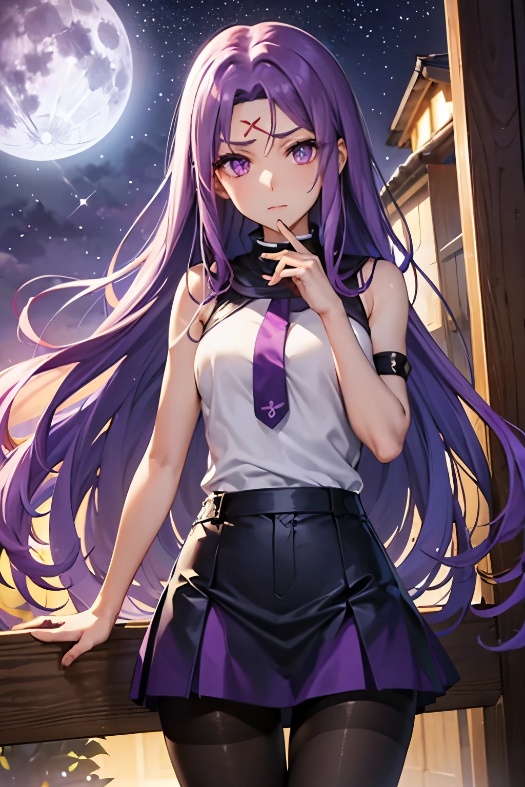 Medusa、fate、Purple Hair、Long Hair、((pantyhose))、Photo from below、Medium chest、full moon、mini skirt、Denim skirt、Sleeveless knitwear、Leg spread