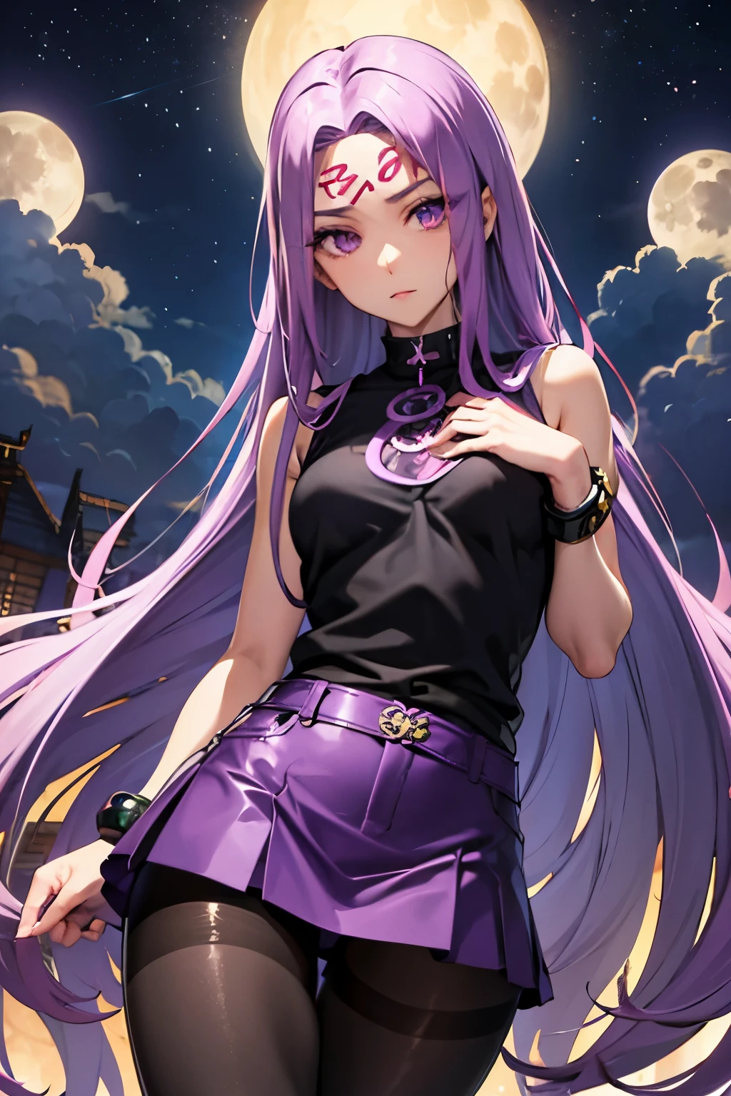 Medusa、fate、Purple Hair、Long Hair、((pantyhose))、Photo from below、Medium chest、full moon、mini skirt、Denim skirt、Sleeveless knitwear、Leg spread