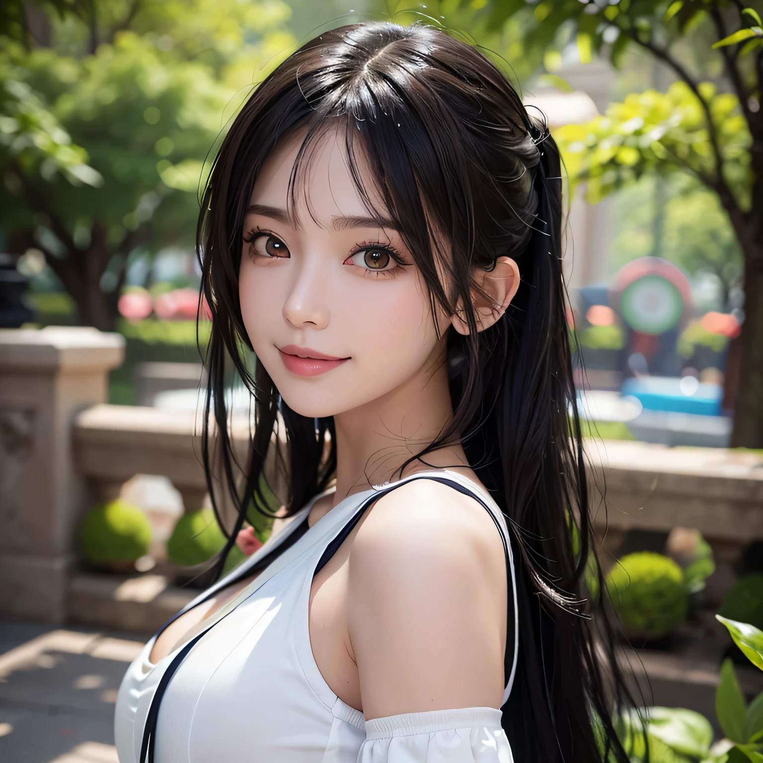 {Masterpiece, highest quality, 8k resolution, Ultra fine, Sharp focus, Depth of written boundary, Cinematic Lighting, Realistic Shadows}, Ultra-realistic, Beautiful black-haired girl, Pigtails, Facing forward, smile, happiness, White blouse, Beige long skirt, A brown pouch is hanging from her shoulder., garden, Upper Body