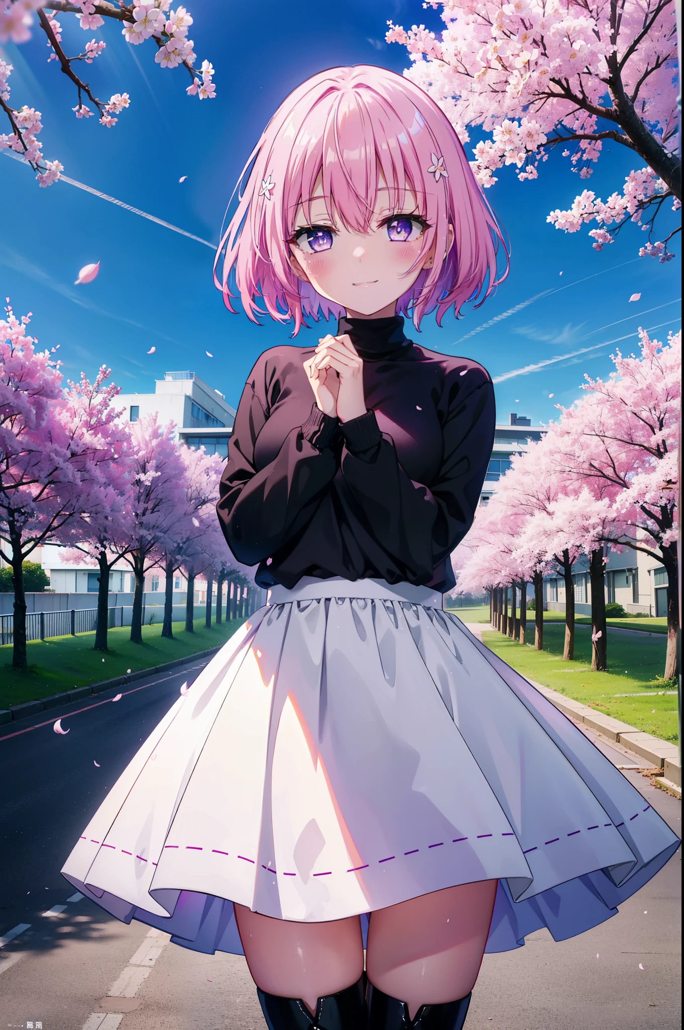 Momodebilke, Deviluke Type, demon tail, Hair Flowers, hair ornaments, (Purple eyes:1.1), Pink Hair, short hair, tail, happy smile, smile, Open your mouth,smile,blush,
break demon tail, Turtleneck sweater,Long skirt,short boots,Cherry blossoms are blooming,Cherry blossoms are scattered,桜並木道
break outdoors, School　School building,
break looking at viewer, (Cowboy Shot:1.5),
break (masterpiece:1.2), highest quality, High resolution, unity 8k wallpaper, (figure:0.8), (beautiful detailed eyes:1.6), extremely detailed face, Perfect lighting, extremely detailed CG, (Perfect hands, Perfect ???????),
