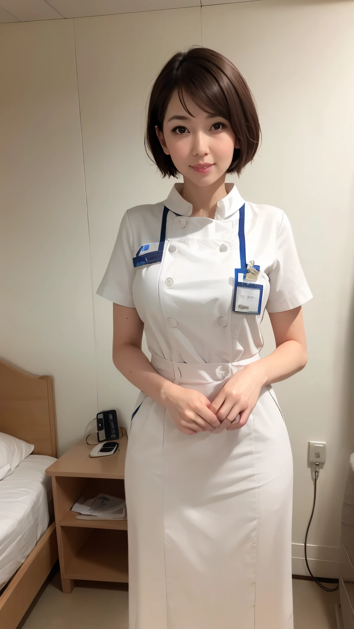 1 girl,(Wearing white nurse clothes:1.2),(RAW Photos, highest quality), (Realistic, photo-Realistic:1.4), masterpiece, Very delicate and beautiful, Very detailed, 2k wallpaper, wonderful, finely, Very detailed CG unity 8k wallpaper, Very detailed, High resolution, Soft Light, Beautiful detailed girl, Very detailed eyes and face, Beautiful and detailed nose, finely beautiful eyes, nurse, Perfect Anatomy, Black Hair, Upstyle, nurse uniform, Long skirt, nurse, White costume, thin, hospital, clear, White Uniform, hospital room, Neck auscultation,Bobcut