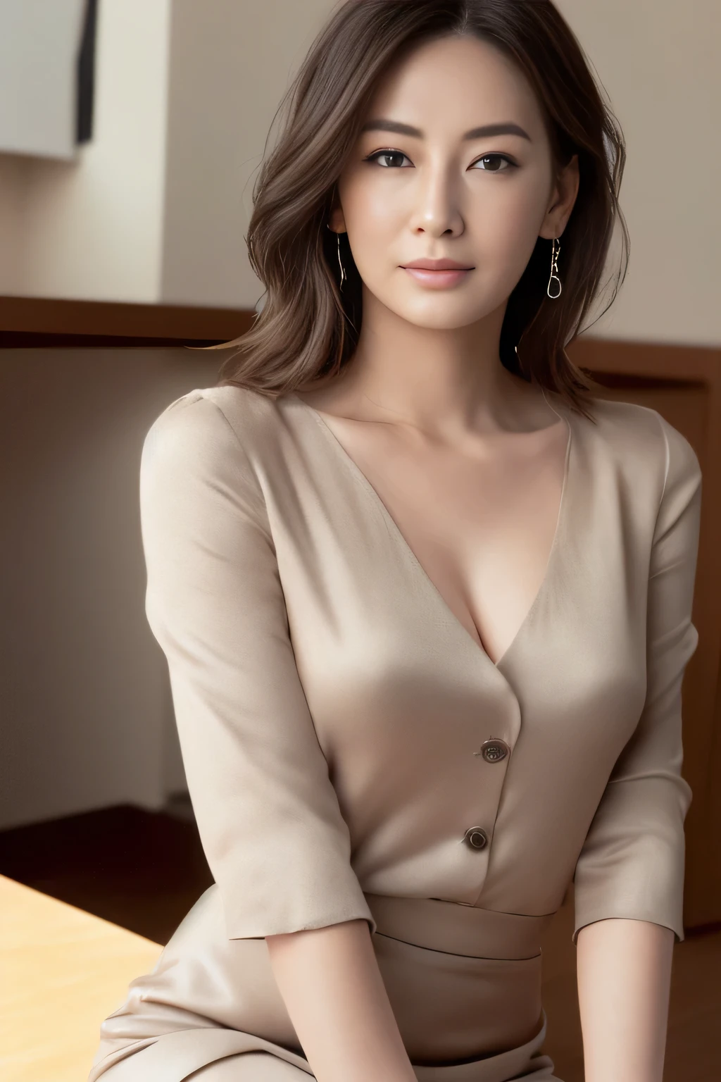 One woman(8k、Raw photo、highest quality、masterpiece:1.2)、(Realistic、Realistic:1.37)、(((Ultra-detailed、full body shot、OL working at a company、over time、office、Mini tight skirt suit、No sleeve、Office Lady、Realistic eye and facial details、Natural skin texture、turning、Underarm、Thighs Thighs Thighs Thighs、barefoot、Fair skin、Detailed face、realism、Realistic Background、Realistic lighting、