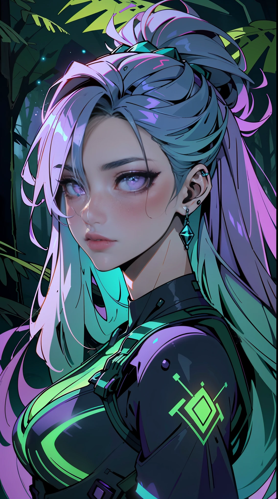 portrait | wide angle shot of eyes off to one side of frame, lucid dream-like woman, looking off in distance ::8 style | daydreampunk with glowing skin and eyes, styled in headdress, beautiful, she is dripping in neon lights, very colorful blue, green, purple, bioluminescent, glowing ::8 background | forest, vivid neon wonderland, particles, blue, green, purple ::7 parameters | rule of thirds, golden ratio, assymetric composition, hyper- maximalist, octane render, photorealism, cinematic realism, unreal engine, 8k