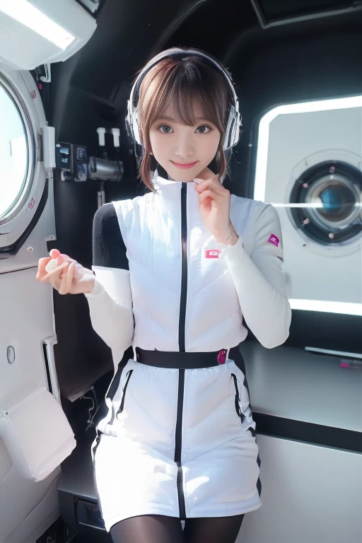 ((NSFW: 1.4)), (acrobatic pose):10,((Detailed face, Professional photography)), ((NSFW, zettai ryouiki, 1 girl)), Ultra-high resolution, (Realistic: 1.4), RAW Photos, highest quality, (PhotoRealistic Stick), concentrated, Soft Light, ((30 years old)), ((Japanese)), (( (Young Face))), (surface), (Depth of written boundary), masterpiece, (Realistic),(inside ISS):3, woman, ,astrovest:2,headphone:2,smartwatch,,bangs, ((1 girl)),(black sleeves):2,(black tights):2,inside spacestation,inside spacecraft,,zero gravity,smile,open leg,blush:1.5,hidden hands,neotech