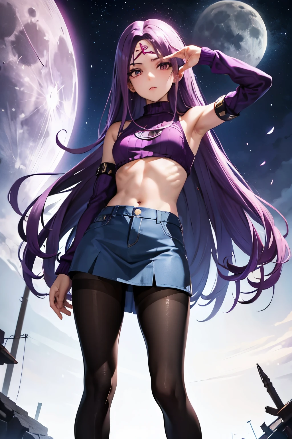 Medusa、fate、Purple Hair、Long Hair、((pantyhose))、Photo from below、Medium chest、full moon、mini skirt、Denim skirt、Sleeveless knitwear、Leg spread