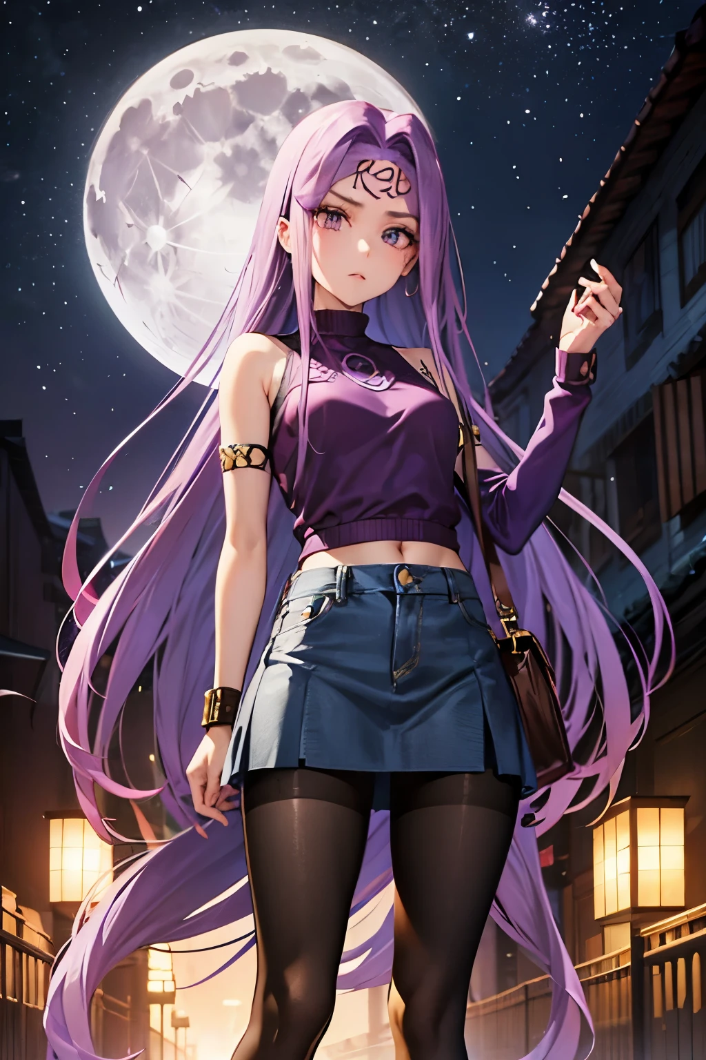 Medusa、fate、Purple Hair、Long Hair、((pantyhose))、Photo from below、Medium chest、full moon、mini skirt、Denim skirt、Sleeveless knitwear、Leg spread