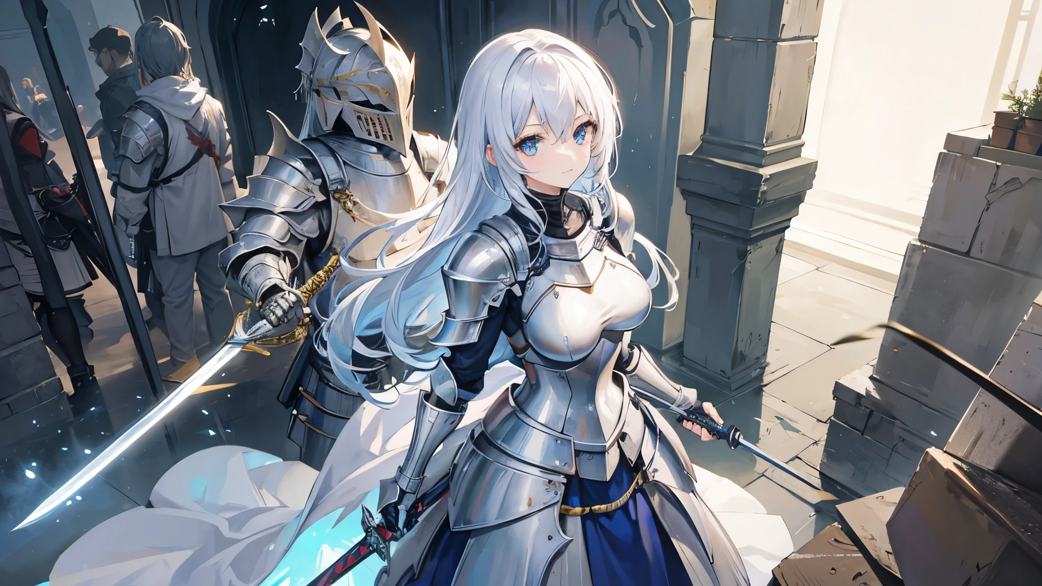 A female knight in shiny metal armor holding a sword。.