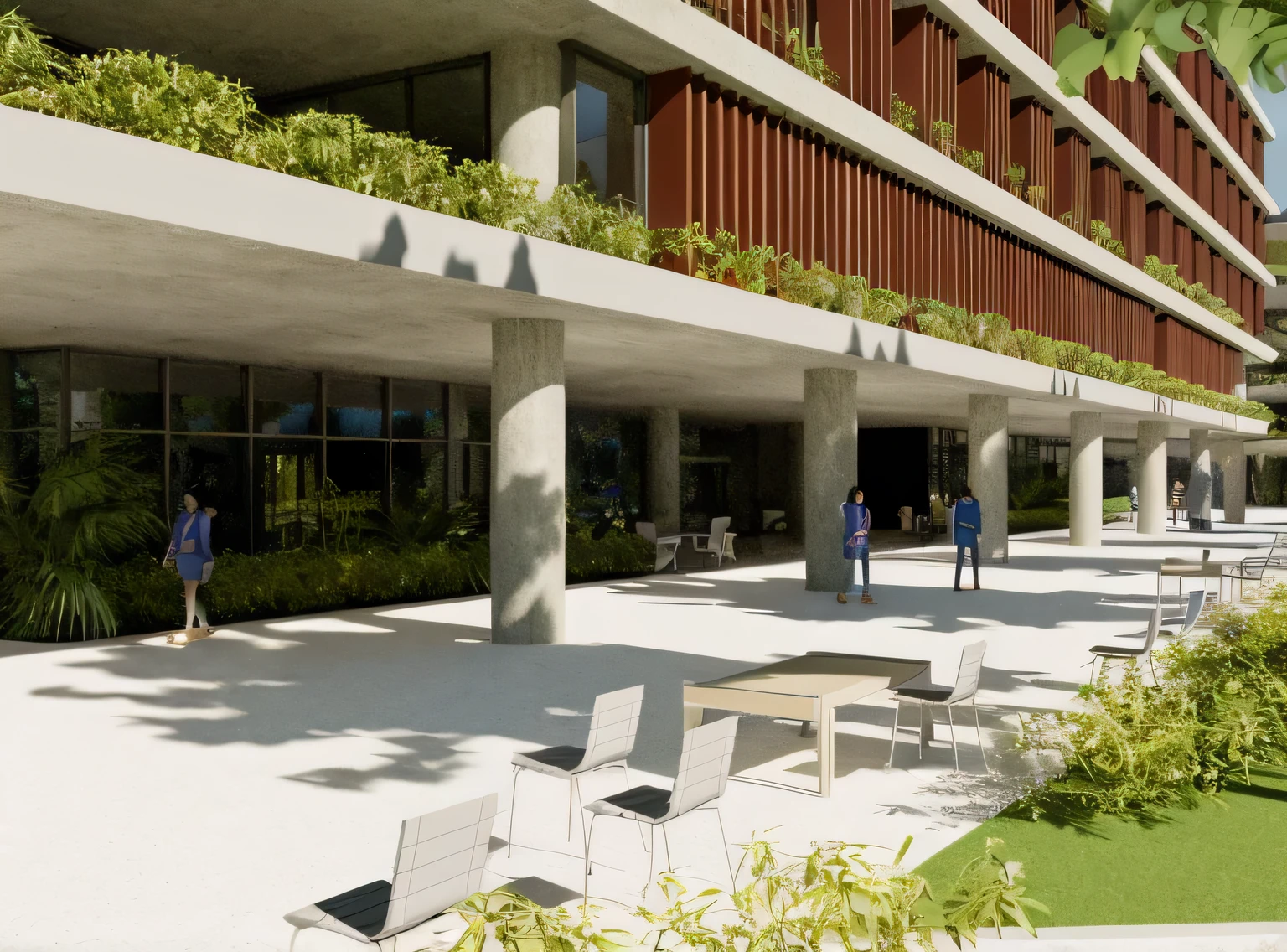 there are tables and chairs outside a building with a balcony, green terrace, architectural rendering, architectural rendering, professional rendering, renderizar coroa, architectural visualization, luminous rendering, high rendering, highly Detailed rendering, Detailed renderinging, Detailed rendering, architectural visualization, detail rendering, fully Detailed rendering, Realistic rendering, architectural 3d rendering, high detail rendering, photographic rendering
