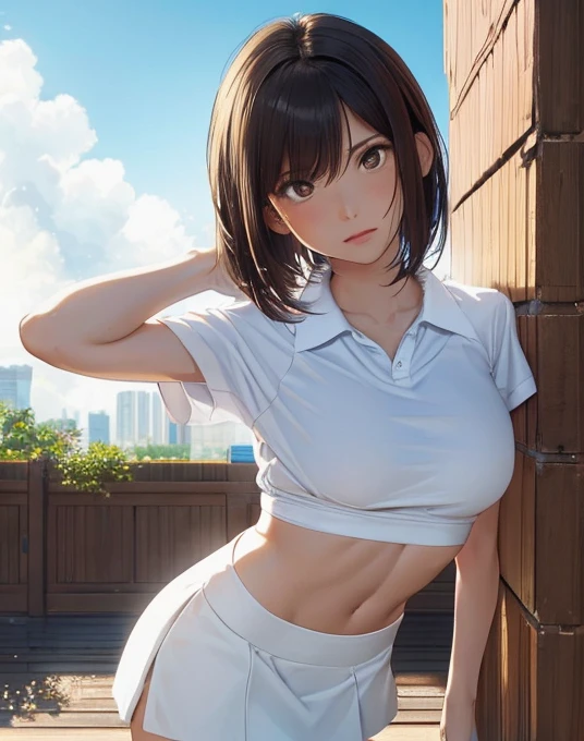 1girl, solo, white polo shirt, white sneakers, tennis wear, white miniskirt, masterpiece, best quality, realistic, hyper-detailed, (shiny skin, sweaty:1.4), absurd, looking at viewer, short black hair, brown eyes, slender, dynamic lighting, high resolution, sharp focus, depth of field, detailed eyes, sharp pupils, realistic pupils, (small breasts:1.6), (thick thighs:1.0), outdoor, sky