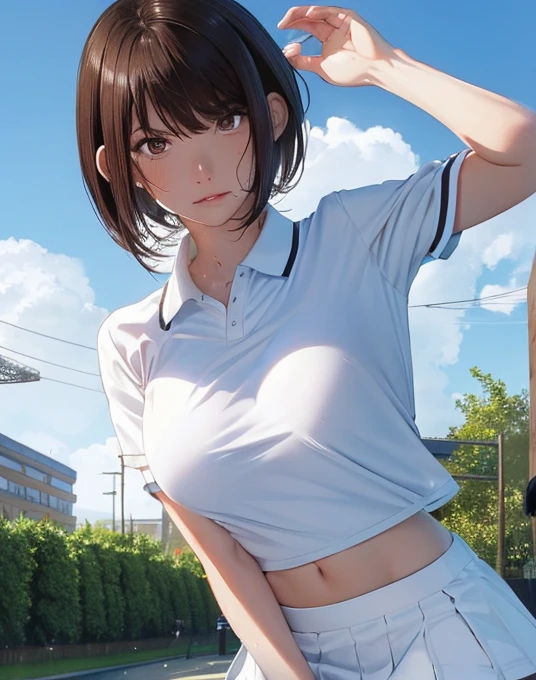 1girl, solo, white polo shirt, white sneakers, tennis wear, white miniskirt, masterpiece, best quality, realistic, hyper-detailed, (shiny skin, sweaty:1.4), absurd, looking at viewer, short black hair, brown eyes, slender, dynamic lighting, high resolution, sharp focus, depth of field, detailed eyes, sharp pupils, realistic pupils, (small breasts:1.6), (thick thighs:1.0), outdoor, sky