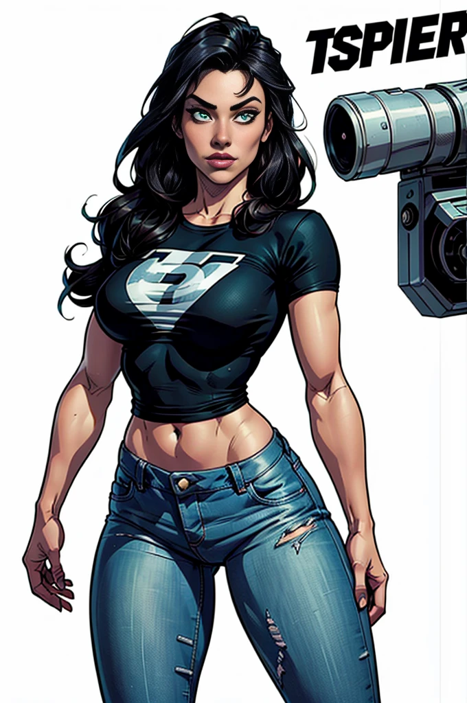 girl, black hair, long hair, dark green eyes, t-shirt, jeans, standing, comic style, perfect legs, white background, wide shot, 16k, 8k, 4K, HD, 1080P, high resolution, best quality, high quality, high details, super detail, anatomically correct, masterpiece
