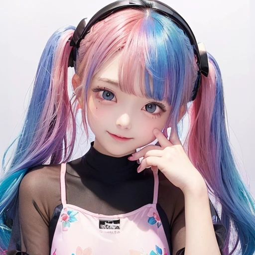 Small face、 (alone:1.5,)Very detailed,Bright colors, Very beautiful detailed anime faces and eyes, Look straight ahead,  Shiny_skin,girl, (((Rainbow Hair, Colorful Hair, Half red、half blue hair: 1.2))), 、Shiny hair, Delicate beautiful face, blush、Glasses、(Turquoise Eyes), , Valletta, Earrings,、Flower Garden、Sunset、(((See-through、sexy、Floral、Pink one piece swimsuit、Black、,Translucent shirt)))、（Twin tails）、smile、Happy Face、face dyed red、Cheerful pose、dynamic、