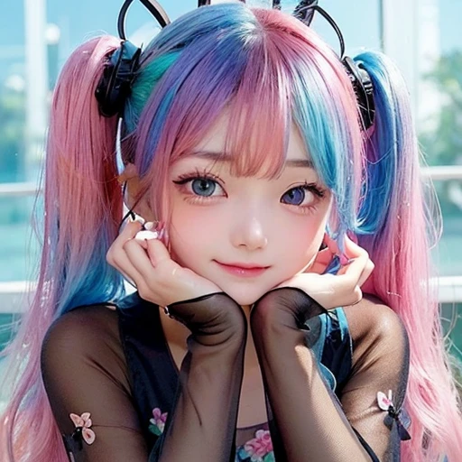Small face、 (alone:1.5,)Very detailed,Bright colors, Very beautiful detailed anime faces and eyes, Look straight ahead, Shiny_skin,girl, (((Rainbow Hair, Colorful Hair, Half red、half blue hair: 1.2))), 、Shiny hair, Delicate beautiful face, blush、Glasses、(Turquoise Eyes), , Valletta, Earrings,、Flower Garden、Sunset、(((See-through、sexy、Floral、Pink one piece swimsuit、Black、,Translucent shirt)))、(Twin tails)、smile、Happy Face、face dyed red、Cheerful pose、dynamic、