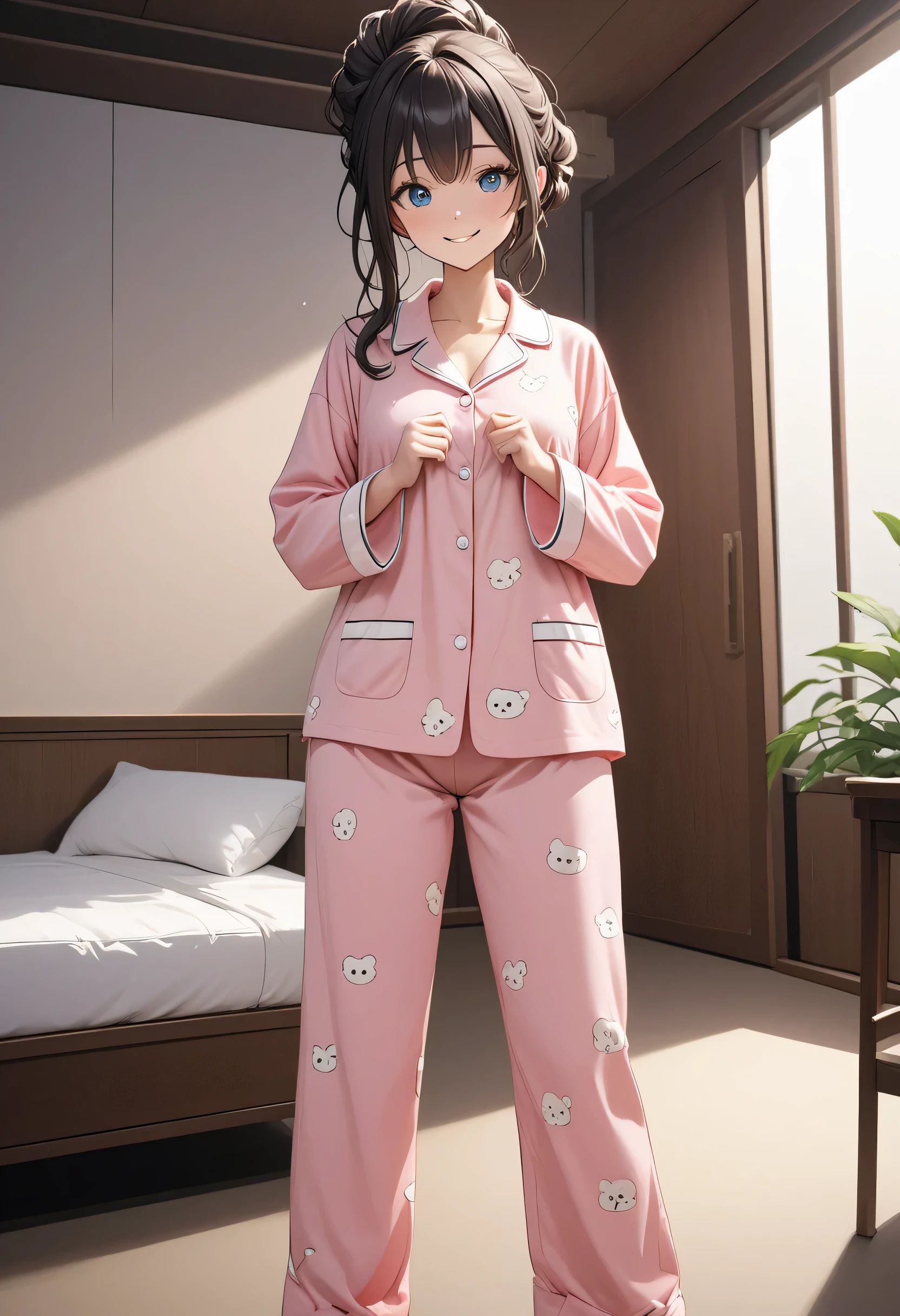 masterpiece、Mastepiece、girl、Random hairstyle、Clear eyes、Smiling at the audience、Perfect proportions、full body shot、
Wear pajamas、The background is a private room