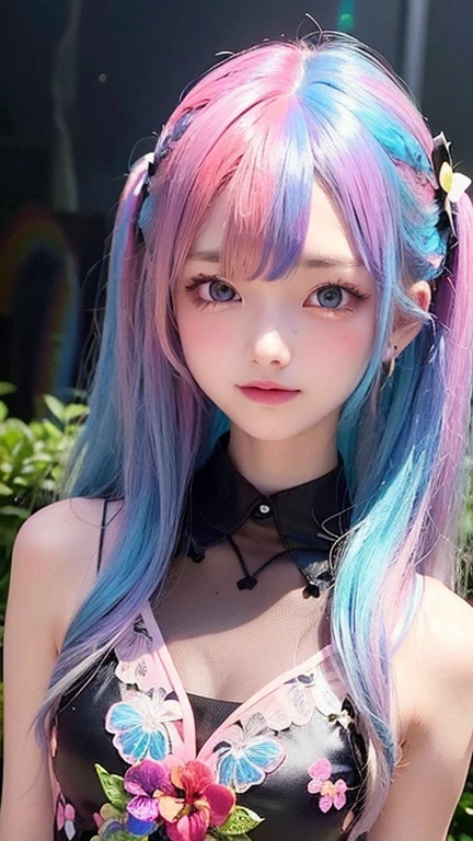 Small face、 (alone:1.5,)Very detailed,Bright colors, Very beautiful detailed anime faces and eyes, Look straight ahead, Shiny_skin,girl, (((Rainbow Hair, Colorful Hair, Half red、half blue hair: 1.2))), 、Shiny hair, Delicate beautiful face, blush、Glasses、(Turquoise Eyes), , Valletta, Earrings,、Flower Garden、Sunset、(((See-through、sexy、Floral、Pink one piece swimsuit、Black、,Translucent shirt)))、(Twin tails)、smile、Happy Face、face dyed red、Cheerful pose、dynamic、