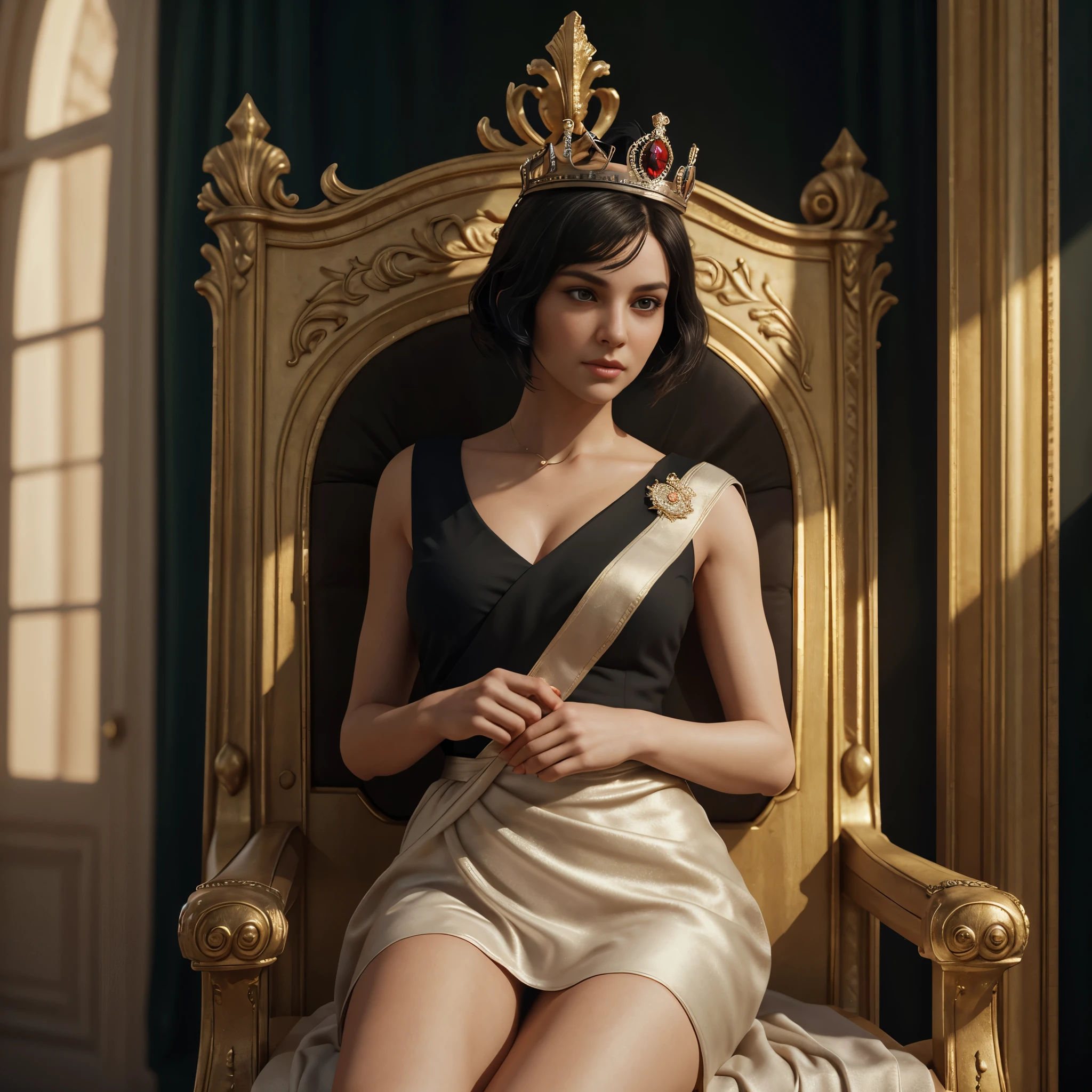 (YES SFW), Masterpiece, high quality, 8k quality, 1 lady, young Queen Elizabeth 2, Queen of United Kingdom, wearing royal uniform with her crown of Diamonds sitting on royal throne, cloth cover all her body included her legs, the royal uniform cover all body including her legs, beautiful face, short black hair, the best photo for the queen of United Kingdom, the best look for Queen in her young age (30 years), Buckingham Palace as background and United Kingdom flag, realistic hands, (Super detailed,ultra high resolution,detailed background)), (((masterpiece:1.4, Best Quality:1.4, 8K,))), ultra high res, Physically Based Rendering, ((Best Quality)), ((Masterpiece)), (Very Detailed:1.3), 3D, Accurate simulation of light-material interactions, perfect proportions, octane rendering, duotone lighting, low ISO, white balance, rule of thirds, wide aperture, 8K RAW, efficient sub-pixels, subpixel convolution, luminescent particles, light scattering, Tyndall effect, HDR (High Dynamic Range), ray tracing, NVIDIA RTX, super resolution, unreal 5, subsurface scattering, PBR texture, post-processing, anisotropic filtering, depth of field, maximum sharpness and sharpness, multi-layer texture, albedo and highlight maps, surface shading, 