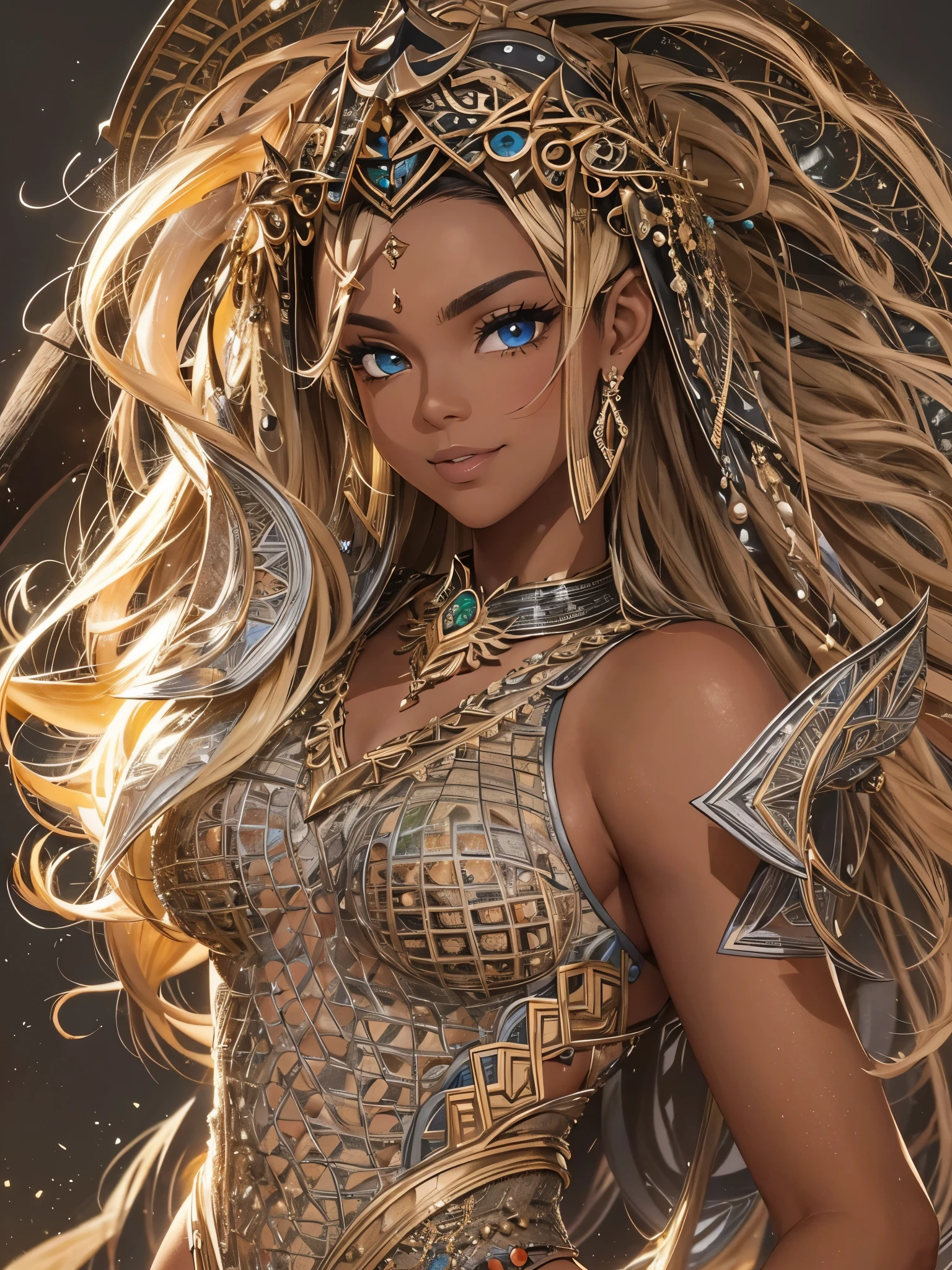 Um jovem meia-elfa, em um templo, incrivelmente sexy, garota sexy, rosto lindo, rosto perfeito, ebony princess face, ((seios grandes e fartos)), decote, ((cabelos loiros)), (blonde and flowing hair) , long flowing hair, brincos e aneis de ouro, ((armadura celestial)), ((armadura gloriosa sensual)), ((armadura detalhada e ajustada ao corpo)), olhos grandes e verde, sacerdotisa do sol, deusa do sol, she is smiling, sorrindo de forma sexy, posando para a foto, foto de perfil, foto frontal, pele bronzeada, sol suficiente, brilho divino, strength, instinto, leveza, cores vibrantes, ((corpo perfeito)), ((corpo muito sexy)), ((abdomem liso e sensual)), enquadramento perfeito de corpo, ((pose muito sensual frontal)), (alta qualidade), (very high quality), (Hiper realista), (extremamente detalhado), (imagem em 8k), super resolution