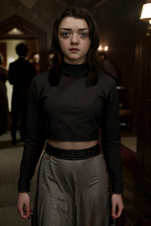 Masterpiece, best quality, detailed face, Arya Stark, sexy dress, midriff, in a room, looking at viewer, sexy smirk face