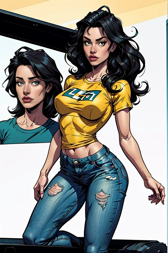 Com um dragão Ennifer Connelly, very long to the waist and half curly with bangs, seios pequenos, olhos grandes com um brilho apaixonado, olhos verdes mel, Um lindo sorriso, vestindo uma camiseta preta longa com um terno feminino verde e jeans, in a serious and sweet comic-style pose, alta qualidade Jennifer Connelly personagem mulher estilo Jennifer Connelly com marcas de guerras Imagem de desenho animado de uma mulher .Ilustra??o estilo desenho animado, estilo de arte dos desenhos animados, estilo de arte dos desenhos animados, digital illustration style, estilo atompunk projeto de pessoaagens altamente detalhado, arte digital detalhada coragem, Forest fan art, Design de personagens de retrato, beautiful digital illustration, retrato de alta qualidade, Arte em quadrinhos, mulher jovem cabelo com transas lindas . Queen Anna by Jennifer Connelly lined eyes Medium large bust and wonderful sexy clothes. image expression of sexual desire from waist to head illustration Queen Anne of Arendelle atompunk style Fallout 4 style pose playboy magazine sensual witch Character cartoon style facial expression happy beautiful smile and six medium small portrait mode waist up with lots of gold around her other stones portrait precious mode waist up queen of the south Jennifer Connelly GTA scenery dominatrix gold coins chest with jewelry with her boyfriend, um homem com barba preta, armado com um estilo militar, Jennifer Connelly Turnaround sheet Creates multiple images in different poses of the same cartoon character:1.2), Woman from Southern Brazil Drawing Art Gaucho Artline white background woman Cartoon image of a woman , roupas sensuais , garota Personagens GTA estilo artgerm femininas Yvonne Strahovski estilo de desenho garota,, pequeno, Shy, bunda grande, catholic nun outfit , dynamic pose, Quente, soft or colored lips, fundo simples, perfect hands, anatomia perfeita, Apoie-se no estilo cartoon de Jennifer Connelly
