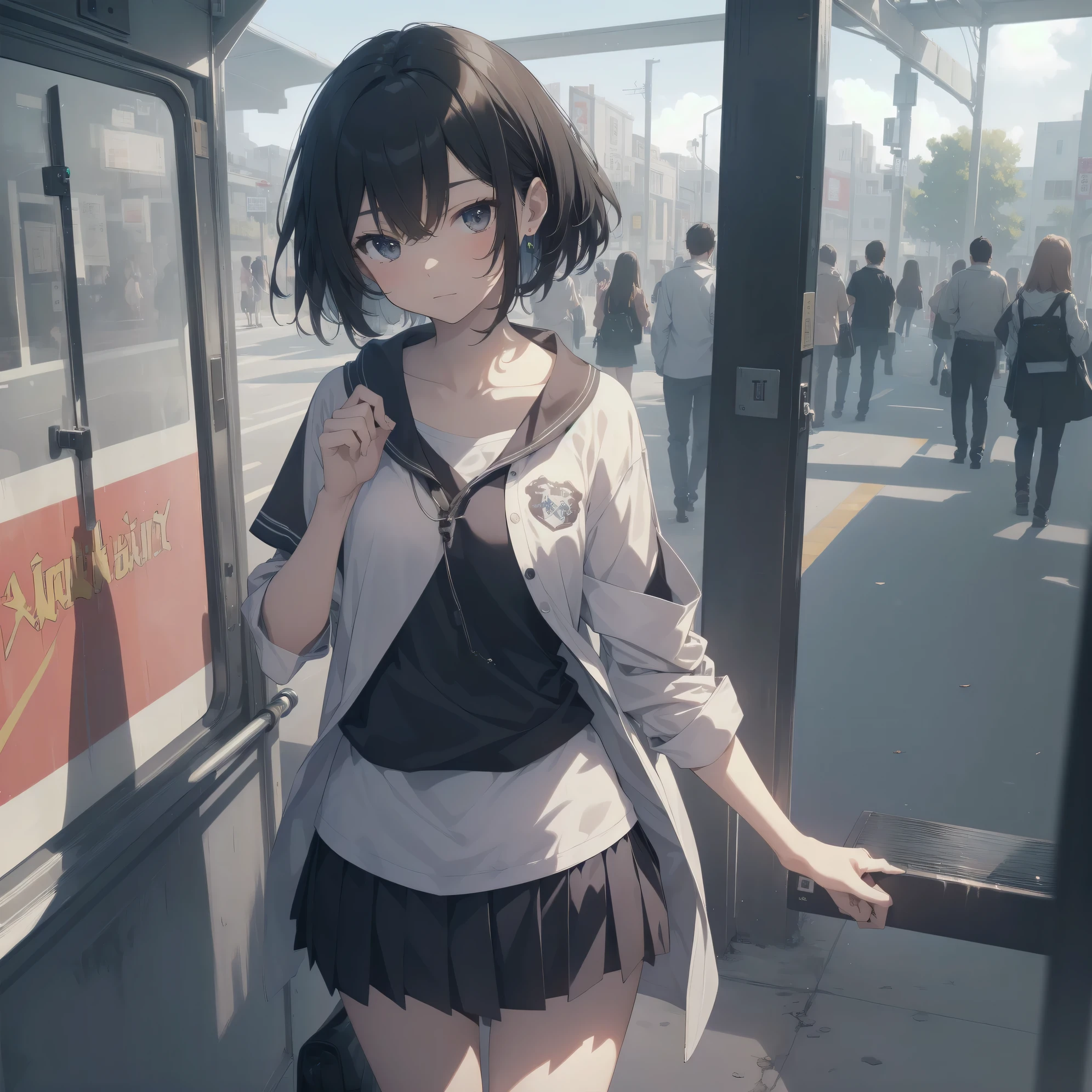 ultra-absurdres-Top quality by artist God, ultra-detailed, high resolution, anime moe artstyle, best anime 8k konachan wallpaper, pixiv contest winner,pool:2810, perfect anatomy,break, 1girl, (Please draw a girl walking sleepily to school alone. )break,(Solo,little female, -yeld:1.Full limbs, complete fingers,a junior hishort hair), short cut, flat chest, , small butt, small black eyes, beautiful detailed eyes, well-proportioned iris and pupils, expressive eyes, highres detailed hair, soft expression, school_uniform, official_alternate_costume, pleated skirt,(Detailed Lighting), (Detailed background), in the School commute route. break,super detailed skin, Best cinematic lighting powered by famous artist, 8k,beauty illustration,photoshop_(medium),very aesthetic,break,((artist:ojipon )), artist:akinashi yuu ,artist:oyari ashito ,artist:kantoku ,