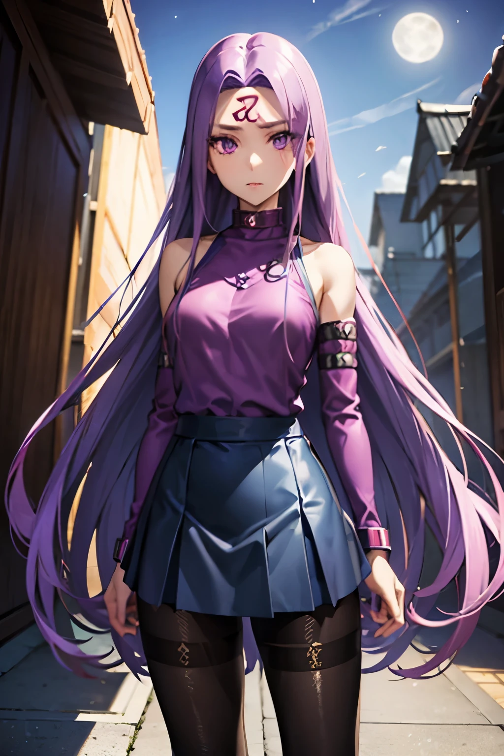 Medusa、fate、Purple Hair、Long Hair、((pantyhose))、Photo from below、Medium chest、full moon、mini skirt、Denim skirt、Sleeveless knitwear