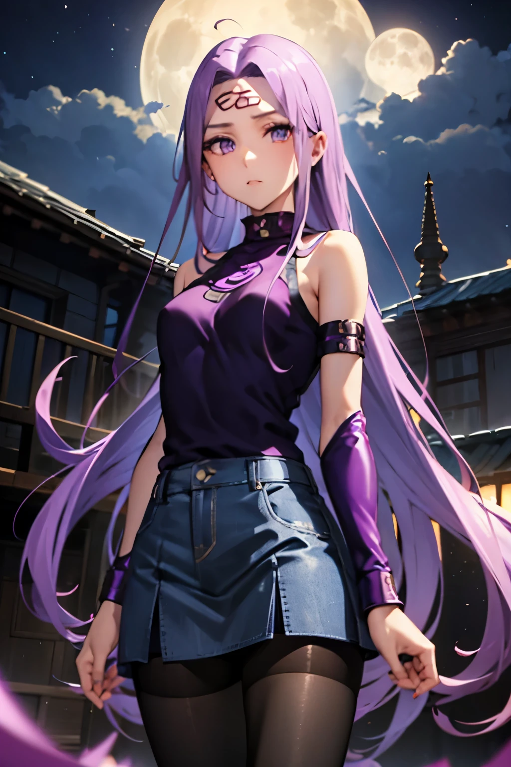 Medusa、fate、Purple Hair、Long Hair、((pantyhose))、Photo from below、Medium chest、full moon、mini skirt、Denim skirt、Sleeveless knitwear