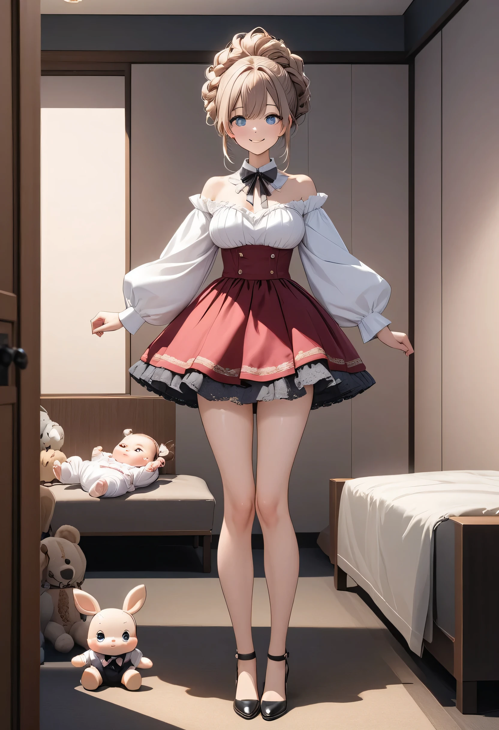 masterpiece、Mastepiece、girl、Random hairstyle、Clear eyes、Smiling at the audience、Perfect proportions、full body shot、
Wear a baby doll、The background is a private room