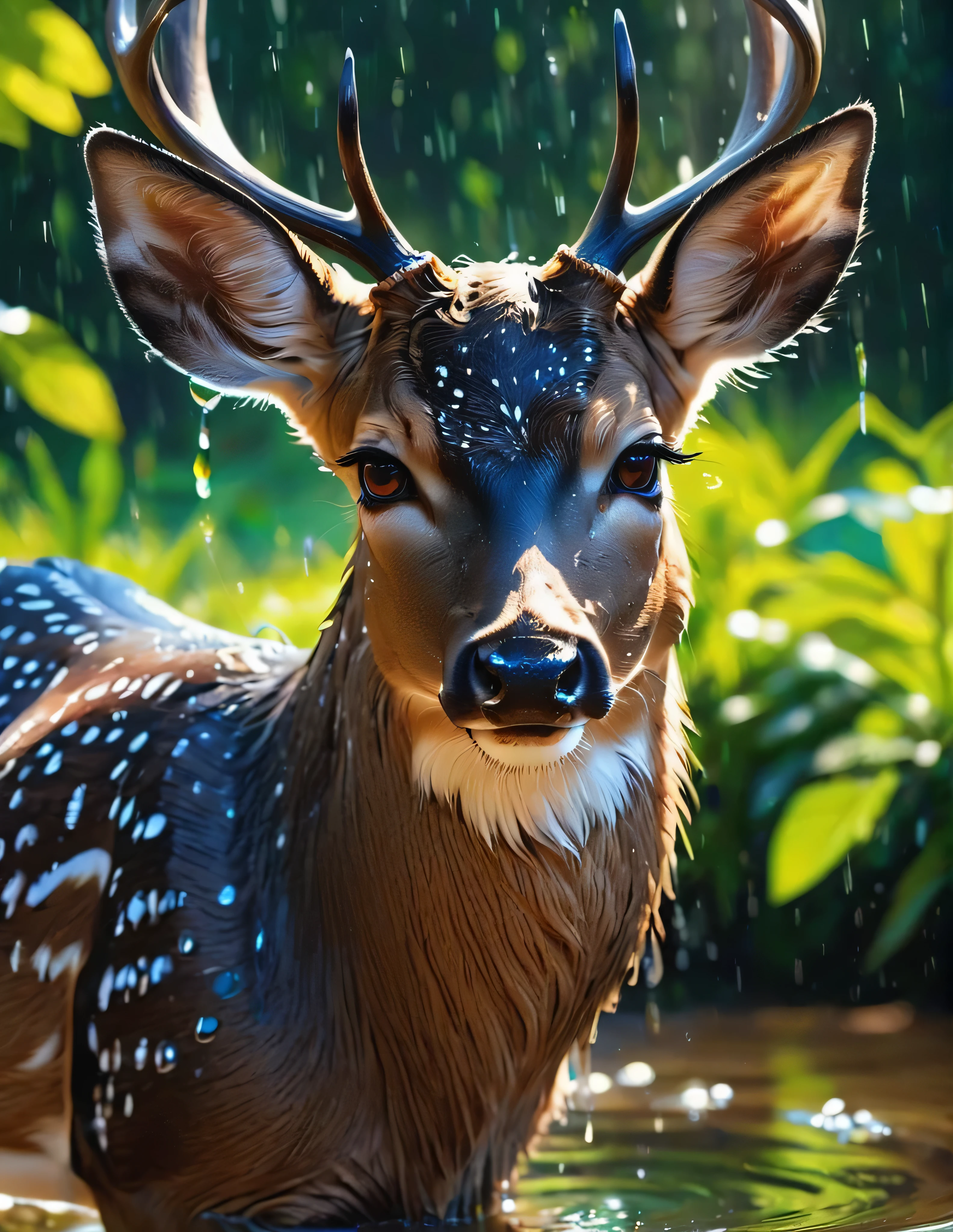 #quality(8k wallpaper of extremely detailed CG unit, ​masterpiece, hight resolution, top-quality, top-quality real texture skin,hyper realisitic, digitial painting,increase the resolution,RAW photos，best qualtiy,highly detailed,the wallpaper),BREAK, deer head,  eyes (full body,bathe,beautiful black ,shiny ,head close up shot,feather repelling water),#background(,in beautiful forest,dappled sunlight ,raining ),(head close up shot:2.0)