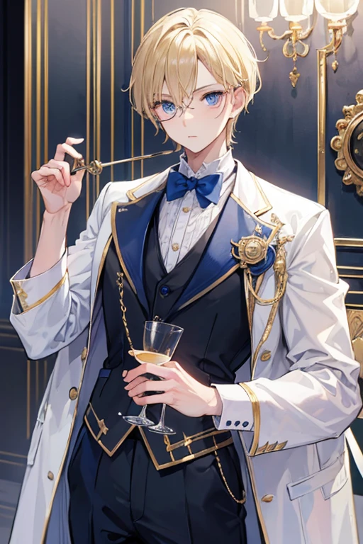 (masterpiece, best quality), 1boy, monocle, holding a glass cane, posh gentleman outfit, blue eyes, blonde hair