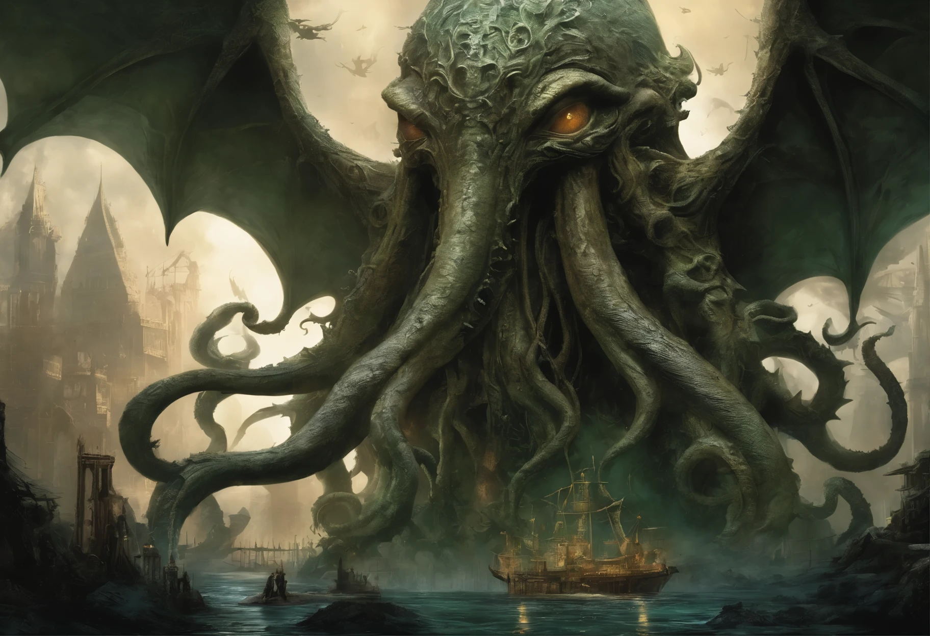 Obscure picture, devoid of beauty or hope, fear inducing, Cthulhu a monster of vaguely anthropoid outline, but with an octopus-like head whose face was a mass of feelers, a scaly, rubbery-looking body, prodigious claws on hind and fore feet, and long, narrow wings behind, emerging from R'lyeh's city of bizarre architecture is characterized by its non-Euclidean geometry, colossal structures, and shifts in perspective that can make an observer unsure about what is vertical and what is horizontal, black and greenish light, brutal composition, gloomy, intense dark tones, leaving an indelible and haunting impression on psyche, very intricate, in the style of Russ Mills and Milo Manara,