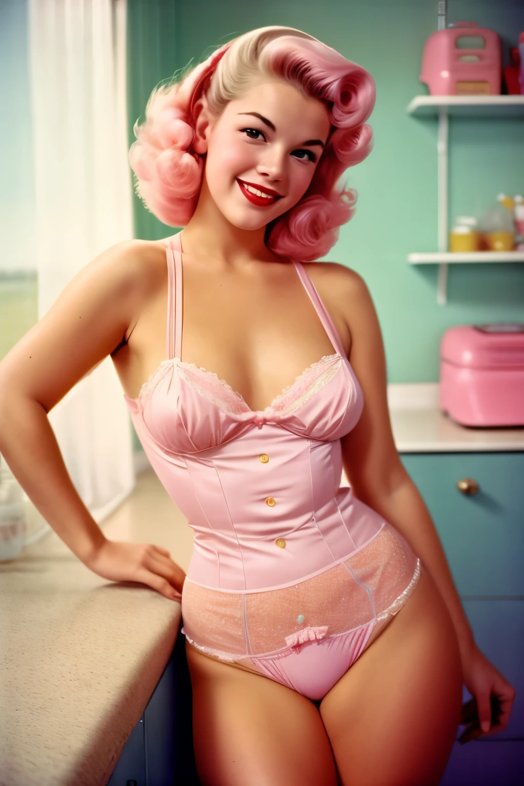 Portrait of a beautiful young housewife, smiling, wearing a pastel sexy micro pink lingerie, nsfw, The picture is taken with an analog camera in the 1950s, Photo by William Eggleston, 50s look, highly detailed, slightly washed out pastel color, slightly blurred, slightly grainy, film photography
