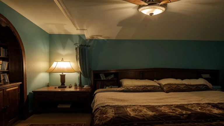 A large twin to king sized bead in the middle of a room with a bookshelf off to the side with a lamp on it. It has great lighting and an ocean view of the dawn
