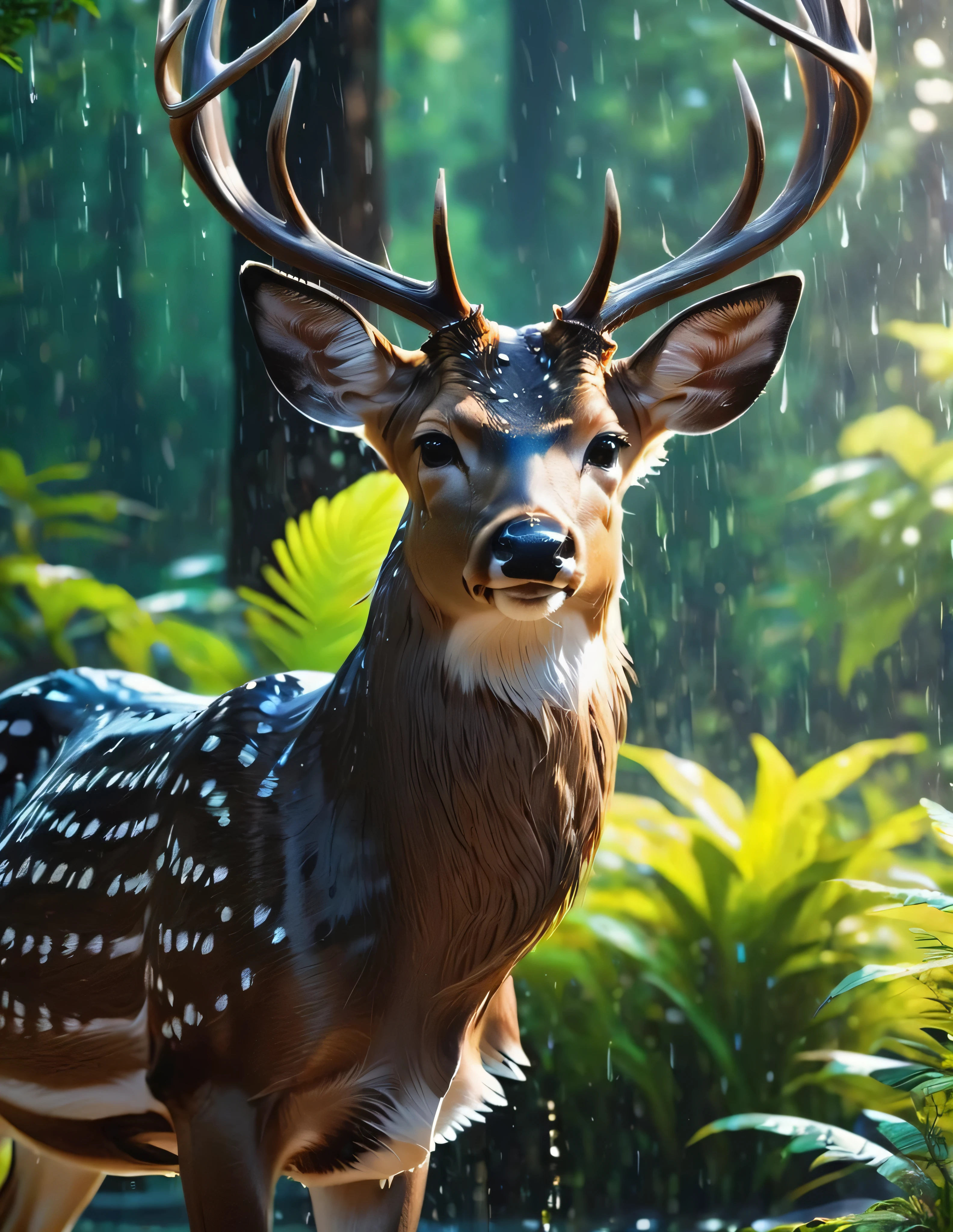 #quality(8k wallpaper of extremely detailed CG unit, ​masterpiece, hight resolution, top-quality, top-quality real texture skin,hyper realisitic, digitial painting,increase the resolution,RAW photos，best qualtiy,highly detailed,the wallpaper),BREAK, deer head,  eyes (full body,bathe,beautiful black ,shiny ,head close up shot,feather repelling water),#background(,in beautiful forest,dappled sunlight ,raining ),(head close up shot:2.0)