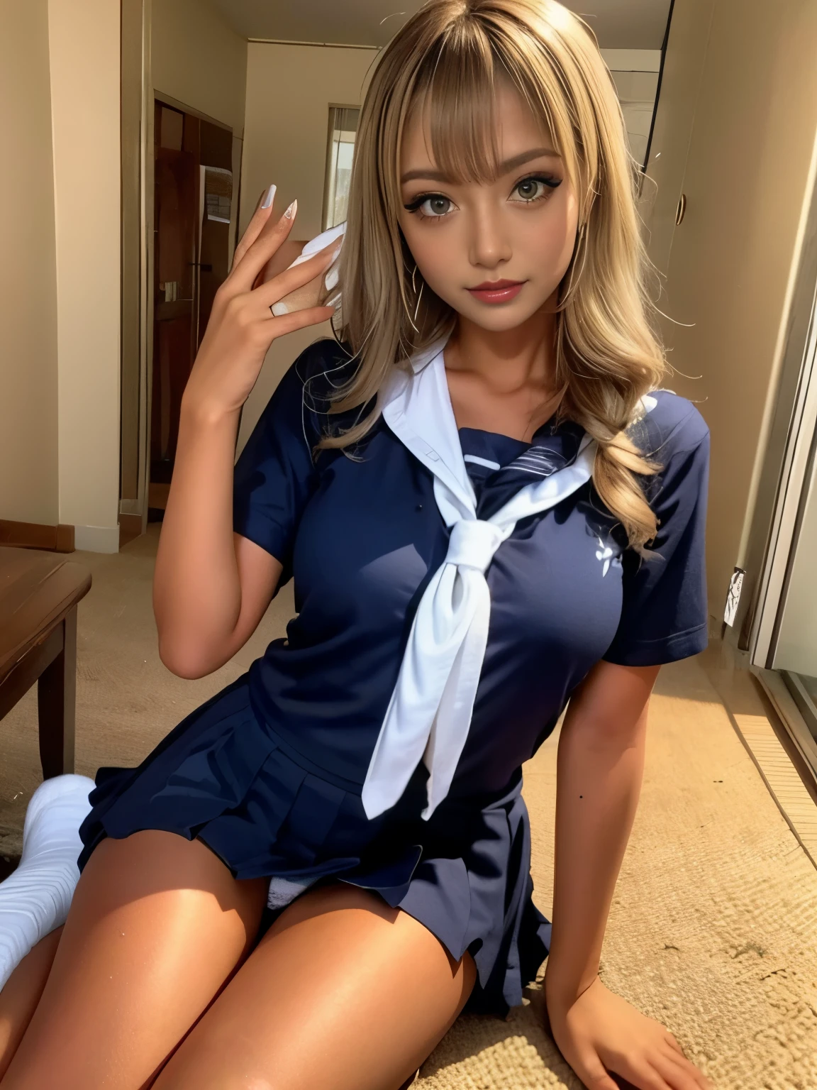 ((Chairに座る:1.2))、machine、machineの下からパンツが見える:1.2.Chair、Chairに座ってあしをひらく、Gal, (Anatomically correct,),masterpiece, highest quality, RAW Photos, Realistic, face, Incredibly ridiculous, Beautiful girls, cute, Blunt bangs, Written boundary depth, High resolution, Super detailed, detailed, ighly detailedd, extremely detailedd eye and face, Realistic student, Cinema Lighting, pale and tanned skin,alone,woman,(Wavy Hair,blonde),(panties), (Short-sleeved sailor uniform:1.2),loose socks, Glamour, Big Breasts,Sunburn marks on tanned skin