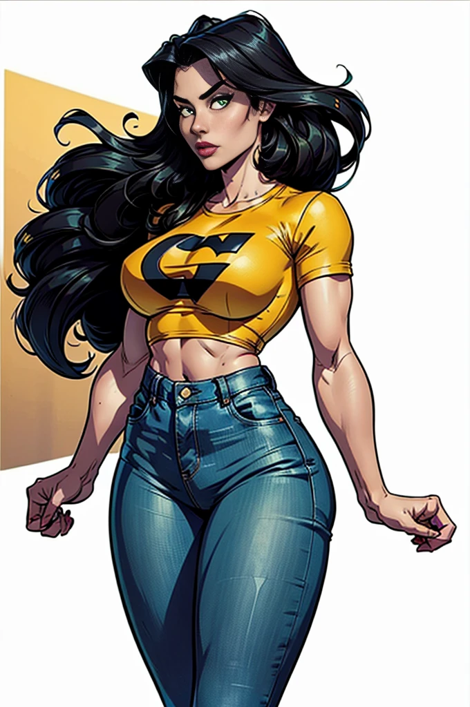 girl, black hair, long hair, dark green eyes, yellow t-shirt, jeans, standing, comic style, perfect legs, white background, wide shot, 16k, 8k, 4K, HD, 1080P, high resolution, best quality, high quality , high details, super detail, anatomically correct, masterpiece