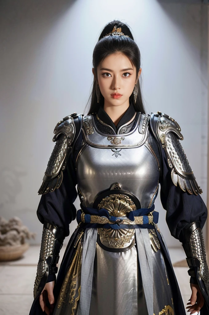 Game art,The best picture quality,Highest resolution,8K,(A bust photograph),(Portrait),(Head close-up),(Rule of thirds),Unreal Engine 5 rendering works, (The Girl of the Future),(Female Warrior),
20-year-old girl,(The generals of ancient China),An eye rich in detail,(Big breasts),Elegant and noble,indifferent,brave,
(Wearing ancient Chinese style armor,Armor of the Tang Dynasty,Costumes are rich in detail,Metallic luster,Silver gray),Chinese Characters,Fantasy style,
Photo poses,Field background,Movie lights,Ray tracing,Game CG,((3D Unreal Engine)),oc rendering reflection pattern