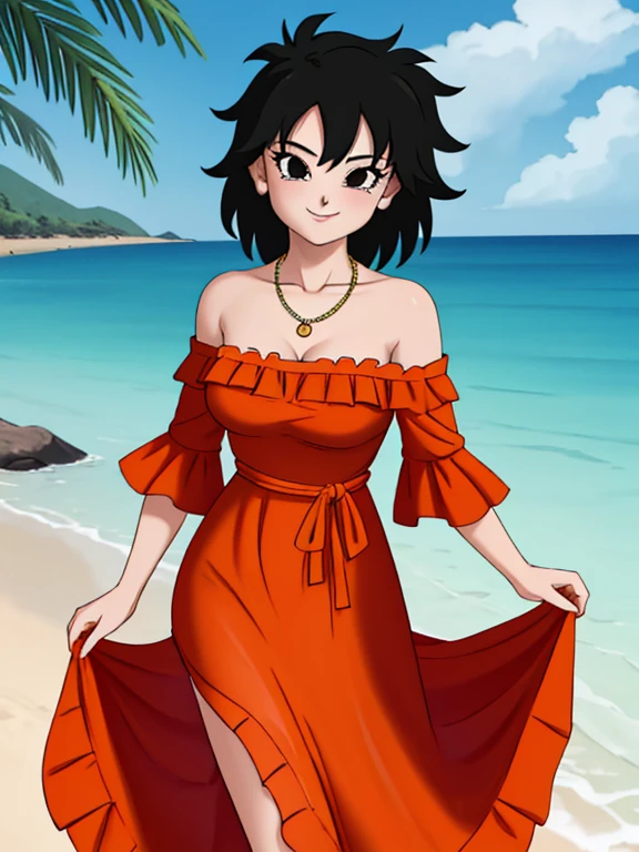 Gine as a flamenco dancer, masterpiece, best quality, ultra detailed, 8k, 4k, half body, cowboy shot, Gine, 1 girl, solo, smile, looking at viewer, full body, black hair, short hair, holding her skirt, bare shoulder, bare arms, medium breast, necklace, seductive, strapless, a flamenco dress, orange ruffle off the shoulder attire, orange off the shoulder top, black maxi dress, beach, ocean, sunny day.