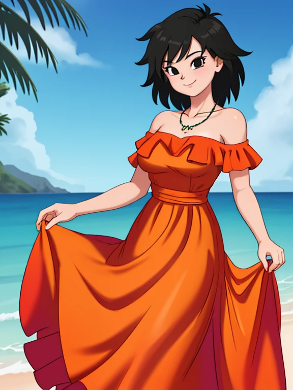 Gine as a flamenco dancer, masterpiece, best quality, ultra detailed, 8k, 4k, half body, cowboy shot, Gine, 1 girl, solo, smile, looking at viewer, full body, black hair, short hair, holding her skirt, bare shoulder, bare arms, medium breast, necklace, seductive, strapless, a flamenco dress, orange ruffle off the shoulder attire, orange off the shoulder top, black maxi dress, beach, ocean, sunny day.