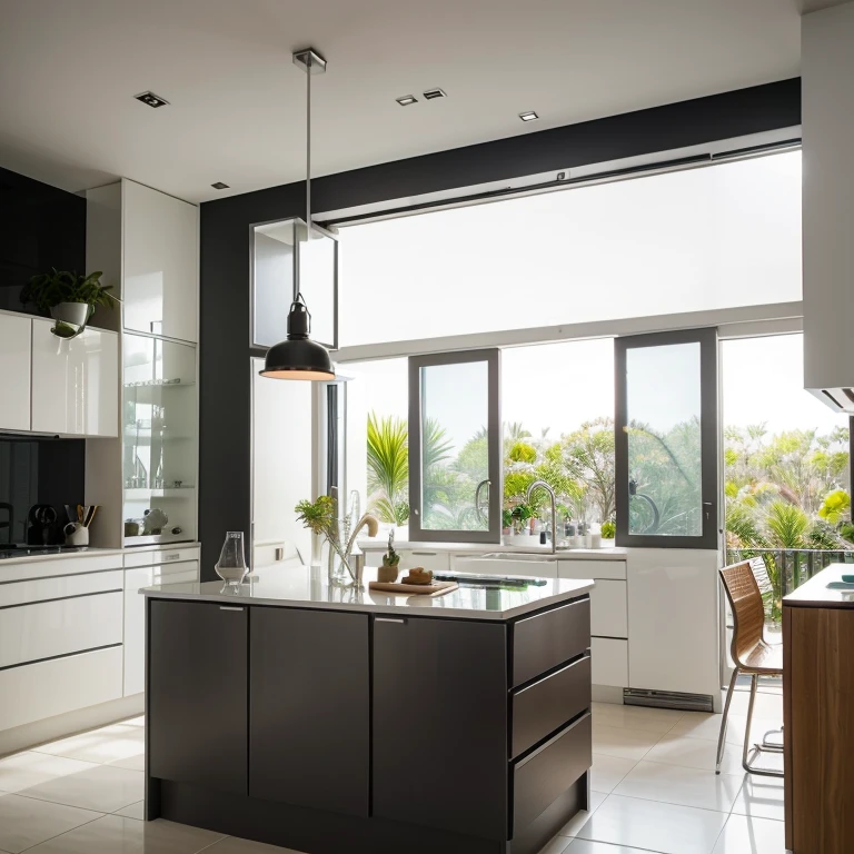 Kitchen decorated with Modern custom furniture: Linhas retas e minimalistas, cores neutras como branco, preto e cinza, stainless steel appliances, bancada de granito ou silestone.
lighting: lighting natural e artificial bem planejada, pendant lights over the island or counter, spots under cabinets.
organization: Drawers and shelves with dividers, cabinets with sliding or opening doors, niches for small appliances.
Decoration: Plantas, quadros, hanging kitchen utensils, cores que combinem com o estilo escolhido.