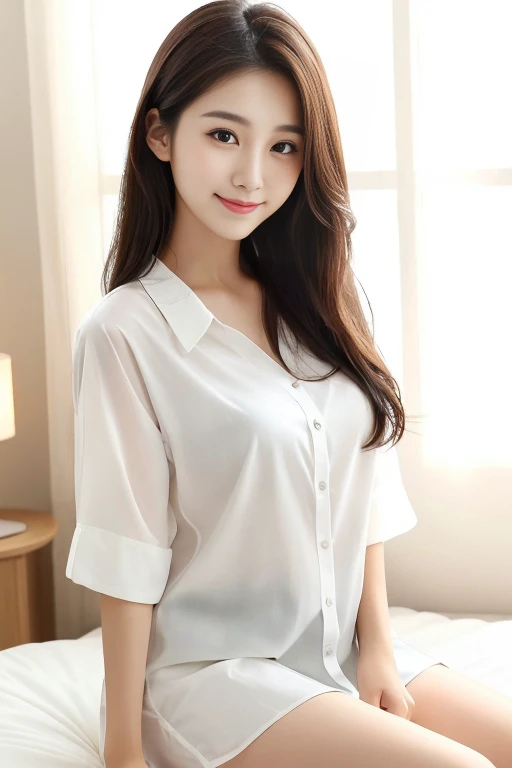 8kimage quality、High definition、A woman wearing an oversized white shirt sitting on a bed,(looking at the camera : 1.9)、I'm wearing a shirt, Lovely lady, Lovely lady, Sexy Girls, Slim girl photos model, Beautiful Japanese Woman, (22age), young、Sensual、elegant, Slim girl photos, 8kimage quality、Cute smile、A gentle face、Slightly large breasts、Long Hair、Brunette Hair