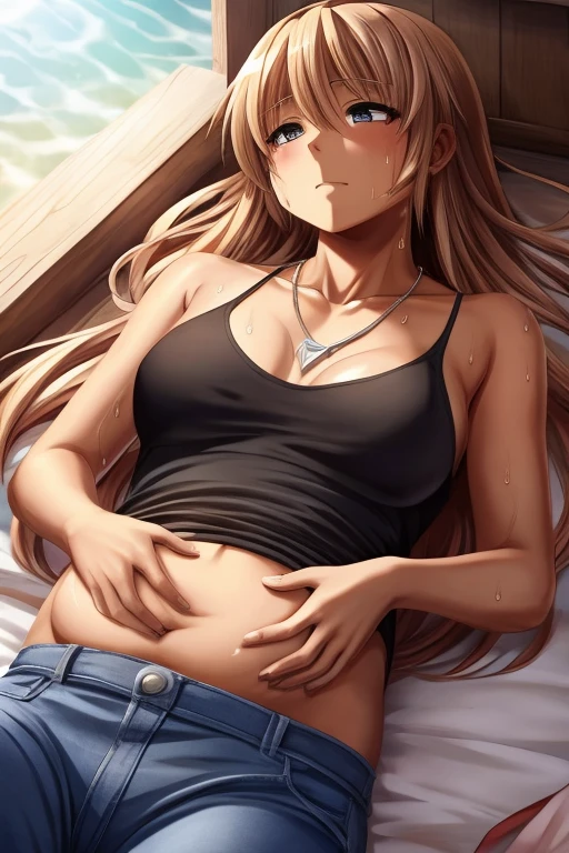 tan skinned anime woman wearing a cami top and jeans, famished in hunger, (necklace), (gently resting hands on stomach), (sweating), (lying down), (long hair), (hands on stomach)